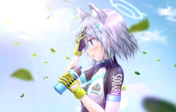  animal_ear_fluff animal_ears bike_jersey black_sleeves blue_archive blue_eyes blurry blurry_foreground blush collarbone cycling_uniform day extra_ears female from_side gloves grey_hair hair_between_eyes halo highres holding leaf medium_hair official_alternate_costume open_mouth outdoors shiroko_(blue_archive) shiroko_(cycling)_(blue_archive) short_sleeves solo tomonx upper_body wet wet_hair wolf_ears yellow_gloves 