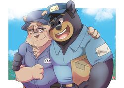  2020 american_black_bear anthro bear belly black_bear black_body black_fur blush clothing delivery_(commerce) delivery_bear_service delivery_employee duo eyewear facial_hair fur glasses hat headgear headwear hi_res hug humanoid_hands kamui_shirow kermo_(kamui_shirow) kermode_bear male mammal one_eye_closed overweight overweight_male ursine wink 