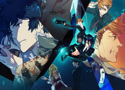  blonde_hair broken_glass brown_hair choe_gu-sung dominator_(gun) everyone formal ginoza_nobuchika glass glasses gun holding holding_gun holding_weapon kagari_shuusei karanomori_shion kougami_shin&#039;ya kunizuka_yayoi lab_coat makishima_shougo masaoka_tomomi necktie psycho-pass sasayama_mitsuru siruphial skirt skirt_suit suit tsunemori_akane weapon white_hair yellow_eyes 