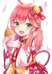  ahoge bell blush cherry_blossom_print female floral_print food green_eyes hair_bell hair_ornament hairclip highres holding holding_food hololive long_hair open_mouth paw_print paw_print_pattern petals pink_hair sakura_miko sakura_miko_(1st_costume) solo taiyaki virtual_youtuber wagashi x_hair_ornament yuzuki4no 