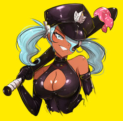  baseball_bat black_headwear blue_eyes blue_hair blush borrowed_character breasts cleavage cleavage_cutout clothing_cutout commentary_request dark-skinned_female dark_skin elbow_gloves female gloves grin hair_over_one_eye hat highres holding holding_baseball_bat large_breasts looking_at_viewer omiza_somi original parted_lips simple_background smile teeth yellow_background 