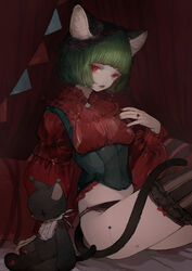  animal_ear_fluff animal_ears bad_id bad_pixiv_id black_corset black_panties black_thighhighs bob_cut cancer_(constellation) cat_ears cat_girl cat_tail commentary constellation constellation_tattoo corset curtains cushion expressionless feet_out_of_frame female frilled_shirt frilled_thighhighs frills from_side green_hair hand_on_own_chest hand_up highres jewelry knees_up leg_tattoo long_sleeves looking_at_viewer myu_(valis) nail_polish nekosuke_(oxo) panties puffy_long_sleeves puffy_sleeves red_eyes red_nails red_shirt ring shirt short_hair sitting solo stuffed_animal stuffed_cat stuffed_toy tail tattoo thighhighs underwear valis_(sinsekai) 