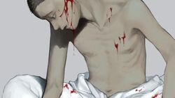  1boy blood blood_on_clothes blood_on_face blood_splatter blood_stain brown_hair character_request collarbone commentary_request copyright_request dripping furrowed_brow grey_background grey_eyes injury kondate_(inugrm) looking_down male_focus navel nose pants parted_lips ribs shadow shirt short_hair simple_background topless_male very_short_hair white_pants white_shirt 