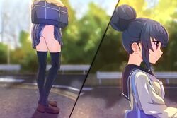  accidental_exposure ass bad_id bad_twitter_id bag blue_hair blurry blurry_background bokeh breasts clothes_lift dark_blue_hair depth_of_field female hair_bun highres light_rays loafers looking_ahead motosu_school_uniform multiple_views neckerchief oekakiism outdoors panties pantyshot plaid plaid_skirt pleated_skirt red_eyes road school_bag school_uniform serafuku shima_rin shoes single_hair_bun skirt skirt_caught_on_object skirt_lift small_breasts thighhighs thighs underwear yurucamp 