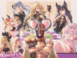  1boy 6+girls animal_ears bare_shoulders bikini black_bikini black_dress black_gloves black_hair black_one-piece_swimsuit blonde_hair blood blush braid breasts bridal_garter center_opening clarisse_(granblue_fantasy) cleavage collarbone commentary_request covered_navel dark-skinned_female dark_angel_olivia dark_skin doll_joints dress earrings elbow_gloves erune fake_animal_ears flower food frilled_dress frills gloves gran_(granblue_fantasy) granblue_fantasy green_eyes grey_hair hair_between_eyes hair_flower hair_ornament hair_over_one_eye hair_ribbon hand_on_own_cheek hand_on_own_face hat helel_ben_shalem hibiscus highres horns ice_cream jewelry joints large_breasts long_hair looking_at_viewer luchador_(granblue_fantasy) mask medium_breasts mini_hat mouse_ears multiple_girls navel nier_(granblue_fantasy) nosebleed olivia_(summer)_(granblue_fantasy) one-piece_swimsuit open_mouth orange_hair orchis pacifier post_guild_war_celebration predator_(granblue_fantasy) red_eyes red_flower ribbon sassakntm scarf shaded_face short_hair smile striped swimsuit tears twintails unworn_mask v very_long_hair vikala_(blooming_summer_wallflower)_(granblue_fantasy) vikala_(granblue_fantasy) wrestling_mask wrestling_outfit 