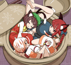  3girls :3 animal_ear_fluff animal_ears ass barefoot bell blue_bow blue_dress blunt_bangs bow braid breasts brown_hair cat_day cat_ears cat_girl cat_tail chen closed_eyes dress extra_ears goutokuji_mike hairbow hat huge_breasts igu_(103milk) jingle_bell kaenbyou_rin long_hair midriff mob_cap multicolored_hair multiple_girls multiple_tails nekomata pointy_ears puffy_short_sleeves puffy_sleeves red_eyes red_hair shirt short_hair short_sleeves shorts sleeping streaked_hair tail toes touhou twin_braids twintails two_tails white_hair white_shirt white_shorts 