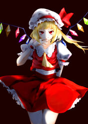  absurdres arm_behind_back ascot blonde_hair blood blood_from_mouth blood_on_hands breasts closed_mouth collared_shirt cowboy_shot crystal dark_background female flandre_scarlet frilled_headwear frilled_shirt_collar frilled_skirt frilled_sleeves frills hat hat_ribbon highres looking_at_viewer medium_hair mob_cap multicolored_wings one_side_up puffy_short_sleeves puffy_sleeves qie red_eyes red_ribbon red_skirt red_vest ribbon shirt short_sleeves simple_background skirt skirt_set small_breasts solo touhou vest white_hat white_shirt wings wrist_cuffs yellow_ascot 