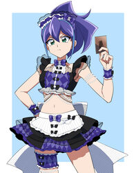  black_bow bow bowtie bridal_garter card closed_mouth cosplay crop_top female frilled_skirt frills green_eyes hair_between_eyes hand_on_own_hip holding holding_card long_hair looking_at_viewer midriff navel ponytail pretty_series pripara purple_bow purple_bowtie purple_hair purple_headwear serena_(yu-gi-oh!) skirt solo summer_maid_coord uma_(umagaobanana) wrist_cuffs yu-gi-oh! yu-gi-oh!_arc-v 