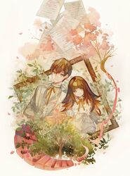  1boy alice_(deemo) blunt_bangs brother_and_sister brown_eyes brown_hair brown_ribbon closed_mouth collared_shirt commentary deemo dress english_commentary female hair_between_eyes hans_(deemo) highres leaf letter long_hair musical_note neck_ribbon niwa_haruki paper picture_frame plant ribbon shirt short_hair siblings smile spoilers tree upper_body white_dress white_shirt 