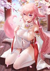  :p absurdres animal_ears bare_shoulders breasts chinese_commentary feet female fox_ears fox_girl fox_tail genshin_impact hair_between_eyes highres large_breasts long_hair looking_at_viewer open_mouth petals pink_hair purple_eyes seiza sideboob sitting smile solo sweat tail thighhighs thighs tongue tongue_out white_thighhighs wide_sleeves xiongshouji yae_miko 