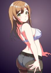  absurdres akiyama_(yehonatan) ass back black_pantyhose blue_bra blue_panties bra breasts brown_hair commentary_request commission cowboy_shot crotch_seam female from_behind highres kunikida_hanamaru light_blush long_hair looking_at_viewer looking_back love_live! love_live!_sunshine!! medium_breasts panties pantyhose parted_lips skeb_commission solo standing thighband_pantyhose underwear underwear_only yellow_eyes 