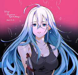  2021 ahoge black_tank_top blue_eyes blue_hair breasts buu_(buu02) character_name cleavage collarbone copyright_name earrings female floating_hair gradient_background hair_between_eyes jewelry long_hair looking_at_viewer medium_breasts parted_lips pink_background sleeveless solo straight_hair tank_top upper_body vivy vivy:_fluorite_eye&#039;s_song 