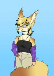  anthro belt big_ears blonde_hair camisole canid canine choker clothing countershading ear_piercing eyewear female fennec_fox flesh_tunnel fluffy fluffy_tail fox fur gauged_ear glasses gradient_fur hair industrial_piercing jewelry julie_chirpster khaki_pants mammal necklace piercing purple_clothing purple_eyes purple_shirt purple_topwear shirt solo tail tan_body tan_fur topwear true_fox unknown_artist 