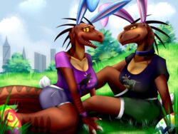  4:3 anthro biped blueondrive breasts cleavage clothed clothing detailed_background digital_media_(artwork) dinosaur duo easter extinct female female/female holidays looking_at_viewer nature outside prehistoric_species reptile rift_seekers_saga scalie shaaux_kautner shaded soft_shading zahra_borngen 