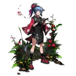  :d animal_ears arknights asymmetrical_legwear bike_shorts black_gloves black_kimono black_legwear black_shorts blue_hair blush cat_ears cat_tail dress female fingerless_gloves floral_print flower full_body gloves green_eyes gun hair_flower hair_ornament hair_stick handgun heibaise_jiangshi highres holding holding_gun holding_weapon japanese_clothes jessica_(arknights) jessica_(clivia)_(arknights) kimono kneehighs long_hair long_sleeves looking_at_viewer multicolored_hair official_alternate_costume official_art open_mouth ponytail purple_hair red_flower red_footwear shoes short_kimono short_shorts shorts shorts_under_dress side_slit single_kneehigh single_sock smile sneakers socks solo standing tail transparent_background uneven_legwear weapon wide_sleeves 