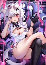  :3 :p animal_ears artist_name black_gloves black_ribbon black_thighhighs braid breasts cat_ears cat_tail cleavage cleavage_cutout clothing_cutout commentary cross crossed_legs english_commentary facial_mark feet_out_of_frame female gloves hair_between_eyes hair_ribbon hands_up hat heterochromia highres holding holding_syringe large_breasts long_hair looking_at_viewer nurse_cap patreon_username purple_eyes red_cross red_eyes ribbon shirt shyrei_faolan sitting smile solo squchan syringe tail thighhighs thighs tongue tongue_out twin_braids twitter_username virtual_youtuber vyugen web_address whisker_markings white_hair white_shirt 