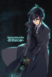  1boy black_hair blue_eyes character_name coat dominator_(gun) formal ginoza_nobuchika gloves gun holding holding_gun holding_weapon long_coat male_focus necktie psycho-pass siruphial solo suit trench_coat weapon 