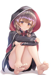  ass barefoot black_capelet black_dress blush braid brown_eyes brown_hair capelet closed_mouth dress feet female full_body highres hood hooded_capelet kantai_collection knees_up long_hair long_sleeves ochikata_kage shinshuu_maru_(kancolle) simple_background soles solo toes twin_braids white_background 