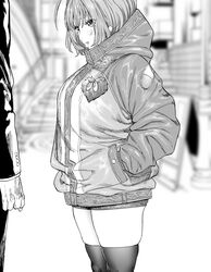  commentary_request earrings female greyscale highres idolmaster idolmaster_cinderella_girls jacket jewelry kimidake monochrome pill_earrings pocket short_hair solo_focus standing thighhighs yumemi_riamu 