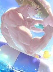  1boy absurdres bara biceps blonde_hair closed_mouth cloud day food granblue_fantasy green_eyes hat highres holding holding_food holding_popsicle innertube kshbjb3bppui9om large_pectorals looking_at_viewer male_focus male_swimwear muscular muscular_male official_alternate_costume outdoors pectorals popsicle rubber_duck short_hair sideways_glance sky solo straw_hat swim_ring vane_(granblue_fantasy) vane_(summer)_(granblue_fantasy) water yellow_male_swimwear 