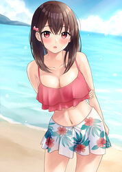  :o arms_behind_back bare_shoulders beach bikini blue_sky blurry blurry_background blush bow breasts brown_hair cleavage cloud collarbone cowboy_shot day female floral_print hair_ornament hairbow harumiya_saki highres holding_own_arm long_hair looking_at_viewer medium_breasts midriff navel ocean open_mouth original outdoors pink_bikini pink_bow pink_eyes skirt sky solo standing swimsuit water white_skirt yukimaru217 