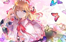  alice_margatroid blonde_hair blue_butterfly blue_dress blue_eyes bow bowtie bright_pupils bug butterfly capelet cherry_blossoms commentary dress earrings female flower frilled_skirt frilled_sleeves frills hair_flower hair_ornament hairband hairbow jewelry kazu_(muchuukai) lolita_hairband long_hair long_sleeves looking_at_viewer medium_hair neck_ribbon one_eye_closed red_bow red_ribbon ribbon shanghai_doll skirt smile solo spring_(season) stud_earrings touhou upper_body white_capelet white_pupils wrist_flower 