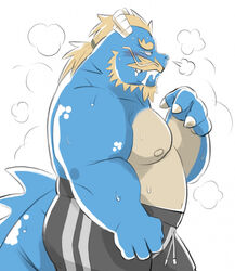  2020 anthro asian_mythology beard belly blue_body blush bodily_fluids bottomwear clothing delivery_bear_service dragon drooling east_asian_mythology eastern_dragon facial_hair hi_res kamui_shirow male moobs mythological_creature mythological_scalie mythology nipples overweight overweight_anthro overweight_male pants rayu_(kamui_shirow) saliva scalie simple_background solo tail white_background 