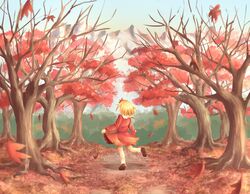  aki_shizuha autumn autumn_leaves bare_tree blonde_hair blue_sky bobby_socks brown_footwear calcmis_gowa commentary_request day facing_away female from_behind hair_ornament highres leaf leaf_hair_ornament long_sleeves maple_leaf mountain outdoors red_shirt red_skirt shirt short_hair skirt skirt_hold sky socks solo standing standing_on_one_leg touhou tree white_socks wide_shot 