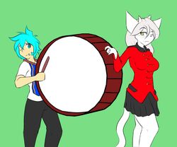  6:5 anthro blue_eyes blue_hair drum duo felid feline female fur grey_hair hair hi_res human keidran lady_nora_(twokinds) male mammal marching_band_uniform musical_instrument percussion_instrument trace_legacy twokinds white_body white_fur wolfie-pawz yellow_eyes 