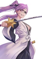  :d absurdres black_kimono black_ribbon bleach bleach:_sennen_kessen-hen breasts commentary_request eyepatch female fighting_stance grin hair_ribbon haori headband highres holding holding_sword holding_weapon japanese_clothes katana kimono long_hair looking_at_viewer medium_breasts purple_eyes purple_hair ribbon saitou_furoufushi sakuya_(liao_kj) sheath shinigami sideboob smile solo sword taichou_haori twintails weapon white_background white_headband wide_sleeves zanpakutou 