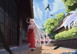  2girls absurdres bird black_cat blue_sky bow chen chen_(cat) cityscape cloud commentary crow earrings feline fujiwara_no_mokou full_body green_headwear hairbow hands_in_pockets highres house jewelry kamishirasawa_keine long_hair looking_at_viewer multiple_bows multiple_girls multiple_tails ofuda ofuda_on_clothes outdoors pants red_eyes red_pants scenery shirt short_sleeves single_earring sky smoking standing sweet_reverie tail touhou tree two_tails very_long_hair white_hair white_shirt 