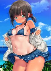  adapted_costume bad_id bad_twitter_id bare_shoulders beach bikini bikini_under_clothes black_hair blue_bikini blue_sky blurry blush breasts cloud collarbone commentary_request covered_nipples cowboy_shot day dress female fubuki_(kancolle) green_eyes hair_ornament hair_scrunchie halterneck highleg highres jacket kantai_collection long_sleeves looking_at_viewer medium_breasts navel nijimoto_hirok ocean off_shoulder one-piece_tan open_clothes open_jacket outdoors parted_lips polka_dot polka_dot_bikini polka_dot_scrunchie scrunchie short_ponytail skindentation skirt sky solo standing stomach string_bikini sweat sweatdrop swimsuit tan tanlines underboob water white_jacket 