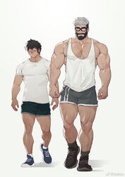  2boys arm_hair bara beard black-framed_eyewear black_shorts blush borrowed_character character_request chest_hair facial_hair full_body glasses grey_hair grey_shorts hairy hidden_hero_(o2h) highres large_pectorals leg_hair long_sideburns looking_at_another looking_to_the_side male_focus mature_male moustache multicolored_hair multiple_boys muscular muscular_male old old_man original pectorals selkiro shoes short_hair shorts shy sideburns sneakers tank_top thick_eyebrows thick_mustache thighs two-tone_hair veins veiny_arms walking white_tank_top yaoi 