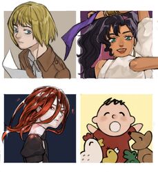  1other 2boys :d androgynous aqua_eyes armin_arlert bad_id bad_twitter_id bird black_hair blonde_hair blue_eyes canine character_request chick chicken chiko-kun_(sanrio) cinnabar_(houseki_no_kuni) closed_eyes colored_eyelashes commentary_request crystal_hair dark-skinned_female dark_skin earrings esmeralda_(disney) female friendly_kokko-chan frog gem_uniform_(houseki_no_kuni) green_eyes hoop_earrings houseki_no_kuni jacket jewelry kondate_(inugrm) long_hair looking_at_viewer minna_no_taabou multiple_boys open_mouth paradis_military_uniform red_eyes red_hair red_shirt sanrio shingeki_no_kyojin shirt short_hair short_sleeves smile sparkle the_hunchback_of_notre_dame uniform wavy_hair 