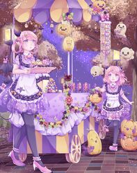  2girls :o ankle_garter apron black_legwear bow bow_on_wing candy cart commentary demon_girl demon_horns demon_tail demon_wings dress flower food ghost hair_rings halloween halloween_bucket hamkuti high_heels highres holding holding_tray horns jack-o&#039;-lantern lamppost lantern lollipop looking_at_viewer looking_to_the_side multiple_girls night open_mouth original outdoors pantyhose pink_eyes pink_footwear pink_hair pointy_ears purple_dress see-through see-through_dress sett shirt_under_dress shoes short_hair siblings sisters sky sparkle standing standing_on_one_leg star_(sky) starry_sky swirl_lollipop tail tail_bow tail_ornament thighhighs tray tree umbrella vending_cart walking wings 