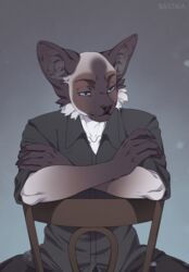  2023 5_fingers anthro bastika blue_eyes brown_body brown_fur clothed clothing digital_media_(artwork) domestic_cat eyebrows eyelashes felid feline felis fingers fur hi_res male mammal siamese sitting solo 