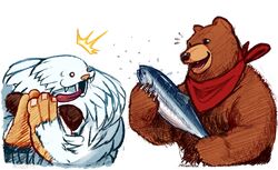  bandai_namco bear black_nose brown_body brown_fur capcom claws darkstalkers duo feral fish fur happy hi_res humanoid kerchief kuma_(tekken) male mammal marine michafrar red_kerchief sasquatch sasquatch_(darkstalkers) surprise tekken tongue tongue_out white_body white_fur 