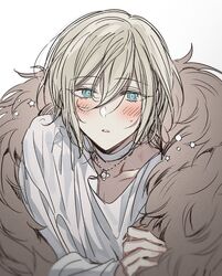  1boy bandaged_neck bandages blonde_hair blue_eyes blush cape eichi_turnr ensemble_stars! fur-trimmed_cape fur_trim hickey highres jewelry long_sleeves looking_at_viewer male_focus necklace shirt short_hair solo teeth tenshouin_eichi white_background white_shirt 