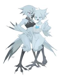  absurd_res anthro avian avian_feet beak biped bird black_body blue_body blue_eyes blue_feathers bottomless clothed clothing duo feathers female hi_res kaltespur meme red_eyes simple_background tweetfur twitter white_background x_(social_media) x_corporation 