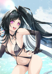  architect_(girls&#039;_frontline) architect_(nvw_model)_(girls&#039;_frontline) armpits artist_name ass ass_visible_through_thighs asymmetrical_gloves bare_legs beach bikini black_bikini black_choker black_gloves black_hair blue_sky breasts casual_one-piece_swimsuit choker cloud cloudy_sky commentary_request cowboy_shot day elbow_gloves female fingerless_gloves girls&#039;_frontline gloves hair_ornament hand_on_own_hip head_tilt highres long_hair looking_at_viewer medium_breasts nagi_(nightmare-cat) nail_polish navel ocean one-piece_swimsuit open_mouth outdoors partially_fingerless_gloves pink_eyes pink_nails pose purple_eyes sangvis_ferri side_ponytail sidelocks sky smile solo swimsuit teeth twitter_username upper_teeth_only very_long_hair watermark wrist_cuffs 