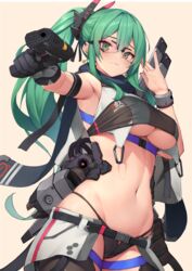  .live absurdres adjusting_eyewear aiming aiming_at_viewer alternate_costume apex_legends belt blush breasts closed_mouth commentary cowboy_shot crop_top female glasses gloves green_eyes green_hair groin gun hand_on_eyewear handgun headgear highleg highres holding holding_gun holding_weapon jetpack kagura_suzu_(.live) large_breasts long_hair looking_at_viewer navel p2020_(pistol) semi-rimless_eyewear side_ponytail simple_background skindentation smile smirk solo standing sy4 underboob utility_belt very_long_hair virtual_youtuber weapon 