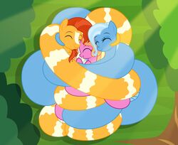  apode badumsquish blue_hair closed_eyes coiling cuddle_puddle cuddling draconcopode facial_hair female friendship_is_magic grass group hair hasbro hi_res lamia legless luster_dawn_(mlp) male my_little_pony orange_hair outside plant reptile scalie serpentine snake split_form sunburst_(mlp) tree trio trixie_(mlp) 