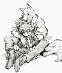  adult_(lore) anthro belt black_and_white bottomwear canid canine canis clothed clothing duo fully_clothed hand_holding hi_res jacket lagomorph leporid male male/male mammal monochrome necktie puinkey_(artist) rabbit shorts simple_background sitting_between_legs size_difference topwear wolf young young_male 