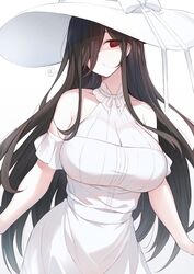  black_hair breasts cleavage collarbone dress female hair_over_one_eye hasshaku-sama hat highres large_breasts looking_at_viewer mou_tama_maru original parted_lips red_eyes see-through simple_background solo speech_bubble sun_hat upper_body urban_legend white_background white_dress white_hat 