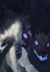  ambiguous_gender anthro black_body black_fur blue_eyes bovid canid canine canis caprine duo ears_down ears_up featureless_(disambiguation) feral fur key_rooki kindred_(lol) lamb_(lol) league_of_legends looking_at_viewer mammal markings mask one_eye_obstructed pivoted_ears riot_games sheep smoke tencent tuft white_body white_fur wolf wolf_(lol) 