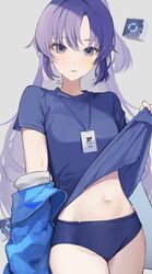  absurdres blue_archive blue_buruma blue_jacket blue_shirt breasts buruma clothes_lift drone female gym_shirt gym_uniform halo highres id_card jacket jacket_partially_removed lanyard long_hair looking_at_viewer midriff navel official_alternate_costume oniku_(oishii_oniku) ponytail purple_eyes purple_hair shirt shirt_lift short_sleeves simple_background solo star_(symbol) star_sticker sticker sticker_on_face sweat track_jacket yuuka_(blue_archive) yuuka_(track)_(blue_archive) 