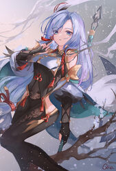  aqua_nails bad_id bad_pixiv_id bare_shoulders blue_eyes blue_hair bodystocking branch breast_curtain breasts commentary elbow_gloves eyes_visible_through_hair feet_out_of_frame female genshin_impact gloves gradient_eyes hand_up highres hip_vent holding holding_polearm holding_weapon knees kuji-in long_hair looking_at_viewer medium_breasts multicolored_eyes parted_bangs parted_lips partially_fingerless_gloves polearm purple_eyes qie shenhe_(genshin_impact) signature snow snowing solo thighs weapon 