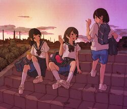  3girls bag belt black_bow black_hair black_sailor_collar blouse blue_shorts blush bow bowtie brown_eyes brown_hair cellphone gym_uniform medium_hair multiple_girls original outdoors phone pleated_skirt ponytail sailor_collar school_bag school_uniform serafuku shirt shoes short_hair short_sleeves shorts shorts_under_skirt sitting skirt smartphone smile sneakers socks tessaku_ro upskirt waving white_shirt white_socks 