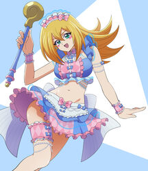  :d alternate_costume blonde_hair blue_bow blush_stickers bow bowtie breasts bridal_garter cosplay crop_top dark_magician_girl duel_monster female frilled_skirt frills green_eyes holding holding_staff large_breasts long_hair looking_at_viewer maid midriff navel open_mouth pink_bow pink_bowtie pink_headwear pretty_series pripara skirt smile solo staff summer_maid_coord uma_(umagaobanana) waitress wrist_cuffs yu-gi-oh! 