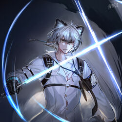  1boy animal_ears arknights armband artist_name black_gloves canata_katana clenched_teeth commentary_request energy_sword gloves grey_background grey_eyes grey_hair hair_between_eyes highres holding holding_sword holding_weapon leopard_boy leopard_ears lightsaber long_sleeves male_focus scar shirt signature silverash_(arknights) silverash_(elite_ii)_(arknights) sword teeth upper_body weapon white_shirt 